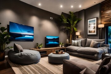Stylish interior design with grey walls and flat screen TV, living room with a couch and a television