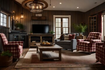Warm and inviting space with wood panel walls and comfortable plaid seating.