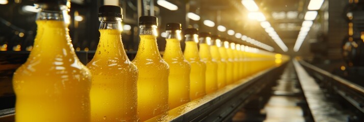 Fruit juice beverage manufacturing line on conveyor belt in drink factory production - obrazy, fototapety, plakaty