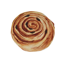 Watercolor sweet bun with raisins, freshly baked french homemade roll.