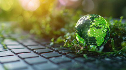 Digital Globe on Keyboard with Green Leaves
. A glowing digital globe rests on a computer keyboard surrounded by fresh green leaves, symbolizing the fusion of technology and environmental conservation