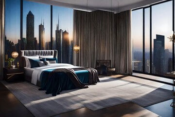 Serene bedroom overlooking city skyline, A bedroom with large windows and a city skyline