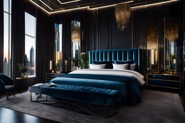 Cozy blue bed with city view in modern bedroom, 