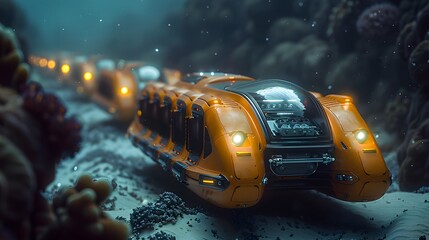 a swarm of underwater robots exploring the depths of the ocean, their synchronized movements and advanced sensors uncovering hidden ecosystems and collecting valuable data - obrazy, fototapety, plakaty