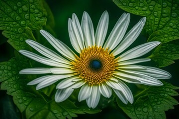 Serene daisy in rain shower, A white flower with yellow center and green leaves