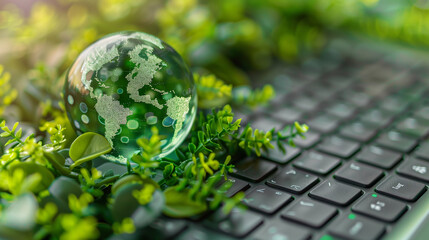 Digital Globe on Keyboard with Green Leaves
. A glowing digital globe rests on a computer keyboard surrounded by fresh green leaves, symbolizing the fusion of technology and environmental conservation