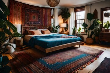 Cozy bohemian bedroom with eclectic rug and inviting bed,