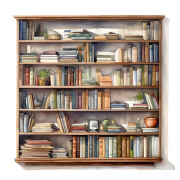recommend clip art: Bookshelf. Bookshelf clipart. Watercolor illustration. Generative AI. Detailed illustration.