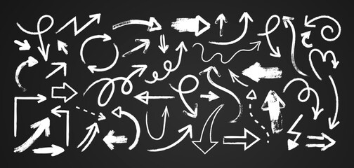 Chalk hand drawn arrows. Sketch charcoal decorative graphic elements. Chalked white arrow on black board. Doodle lines with different direction. Pencil and marker drawing. Vector set