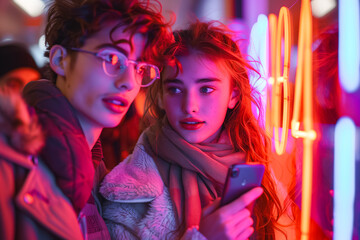 Two teenagers are captured looking at a smartphone under the glow of neon lights