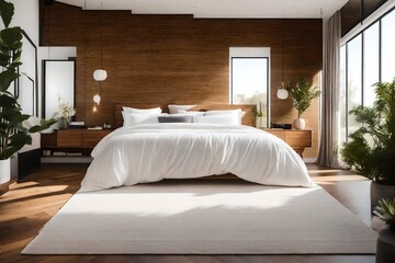 Fototapeta na wymiar Serene bedroom with wooden wall accents, bedroom with wood paneled walls and a bed