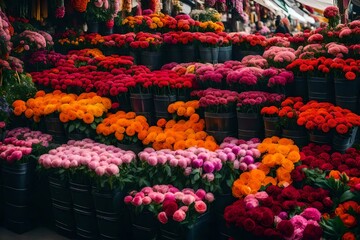 Vibrant assortment of freshly picked flowers displayed at market stalls, A large group of flowers in buckets