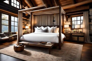Rustic elegance in a log cabin bedroom with four poster bed,  - obrazy, fototapety, plakaty