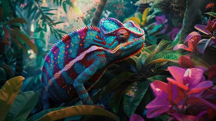 Wandcirkels tuinposter Colorful chameleon blending into a tropical rainforest. © CREATER CENTER
