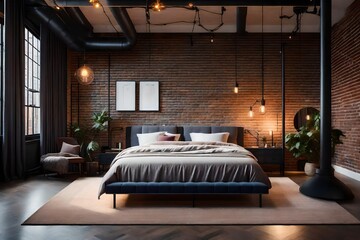 Cozy bedroom with exposed brick wall and a comfortable bed