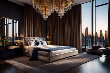 A bedroom with a large chandelier and a city view, Elegant bedroom with city view and chandelier.