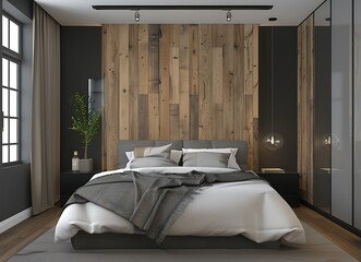 3D rendering of a modern bedroom interior design with a bed, wooden paneling on the walls and a mirror cabinet on the right side