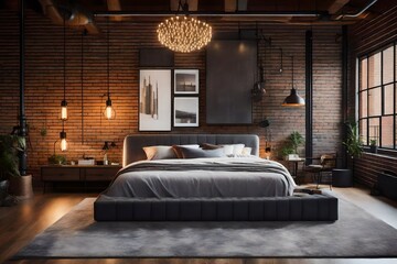 Cozy bedroom with exposed brick wall and a comfortable bed, A bedroom with a bed and a brick wall