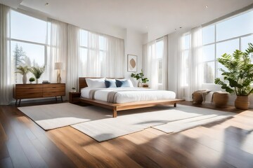 Naklejka na ściany i meble Sleek and stylish bedroom with ample natural light and wood flooring.