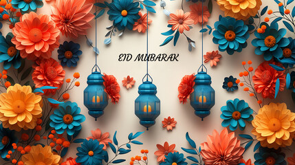 Ramadan Kareem background with hanging lanterns and flowers, 3d Eid Mubarak greeting card, generative ai
