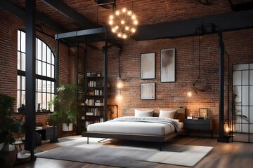 Cozy bedroom with exposed brick wall and a comfortable bed, A bedroom with a bed and a brick wall