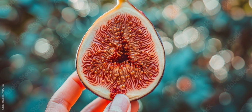 Poster hand holding ripe fig, fig selection on blurred background with ample copy space for text placement
