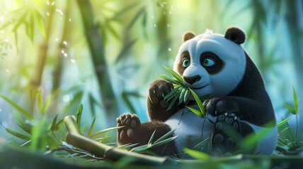Contented panda munching on bamboo shoots.