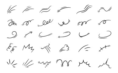 Expression and movement elements. Hand drawn emotion line, effects. Abstract hitting, jumping animation. Doodle curves, swirl, shape, motion. Vector set