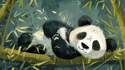 Contented panda munching on bamboo shoots.
