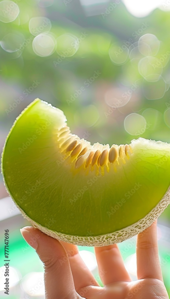 Poster hand holding honeydew melon on blurred background with copy space for text placement