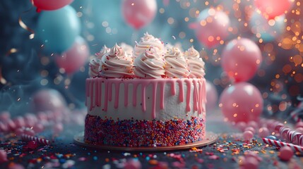 birthday scene with a colorful cake topped with icing and sprinkles, surrounded by balloons and streamers, radiating happiness and joy in stunning 16k full ultra HD.