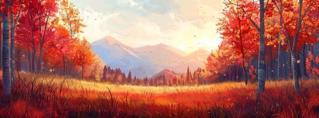 Whimsical Autumnal Forest with Majestic Mountains in the Distance Generative AI. - obrazy, fototapety, plakaty