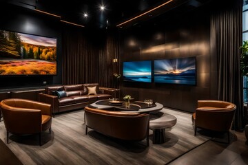 Modern living room design with leather seating and a large TV screen, A room with a couch and a television