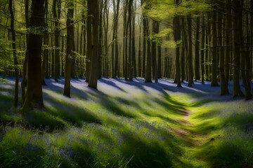 A serene forest path lined with blooming bluebells. A path through a forest with blue flowers