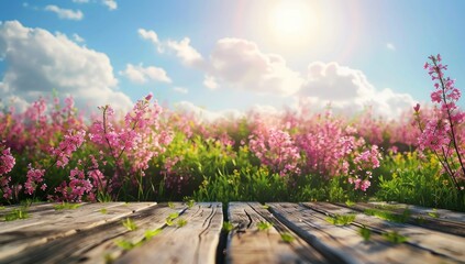 Rustic Wooden Table Amidst a Blooming Cosmos Flower Field in Spring Generative AI.