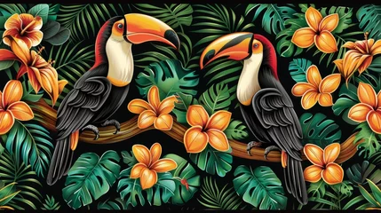 Tuinposter Colorful toucans perched on lush leafy branches in a vibrant tropical rainforest setting © Ilja