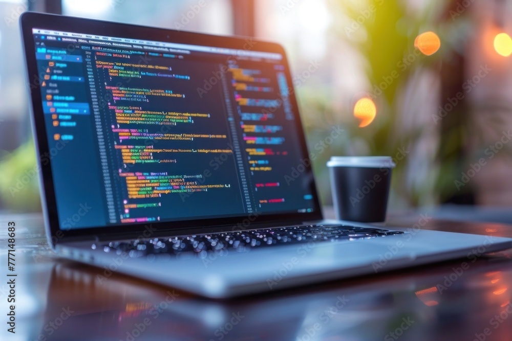 Poster workspace with laptop displaying colorful code and coffee cup on table