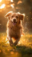 cute dog running on grass golden sunlight of morning or evening