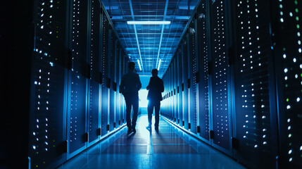 It professionals in data center hallway