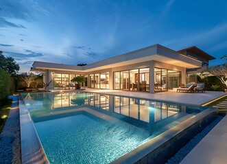Beautiful modern luxury villa with swimming pool and night sky at Kha Place on Phuket island, Thailand