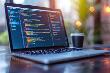 Workspace with laptop displaying colorful code and coffee cup on table