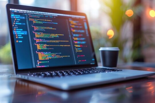 Workspace with laptop displaying colorful code and coffee cup on table