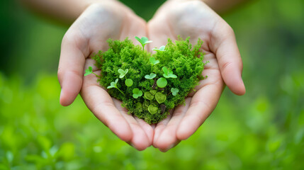 Pair of hands cradling a heart-shaped patch of lush moss and delicate seedlings