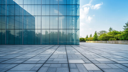 Modern glass office building exterior with open plaza