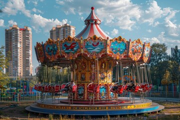 Obraz premium Vintage carousel with red and yellow paint in amusement park setting