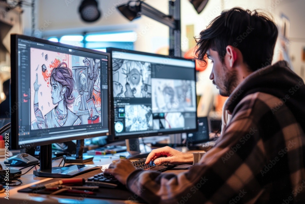 Poster male graphic designer using computer to create digital art in a creative studio