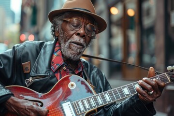 African American Senior Man Playing Blues Guitar on Street Corner - Powered by Adobe