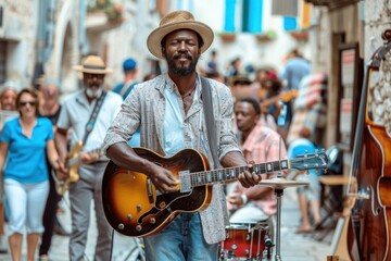 Fototapeta na wymiar African American man playing guitar outdoors in New Orleans street