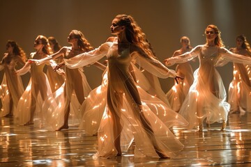 Glowing ethereal woman in flowing dress leads group of dancers in unison