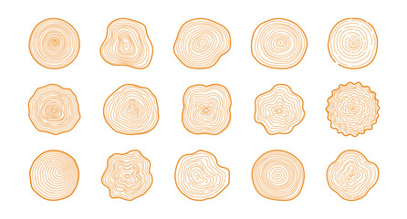 Tree rings. Hand drawn wood slice texture. Abstract tree age year circle. Line wooden circular ripple, nature timber, fractal stump. Organic trees material. Vector set